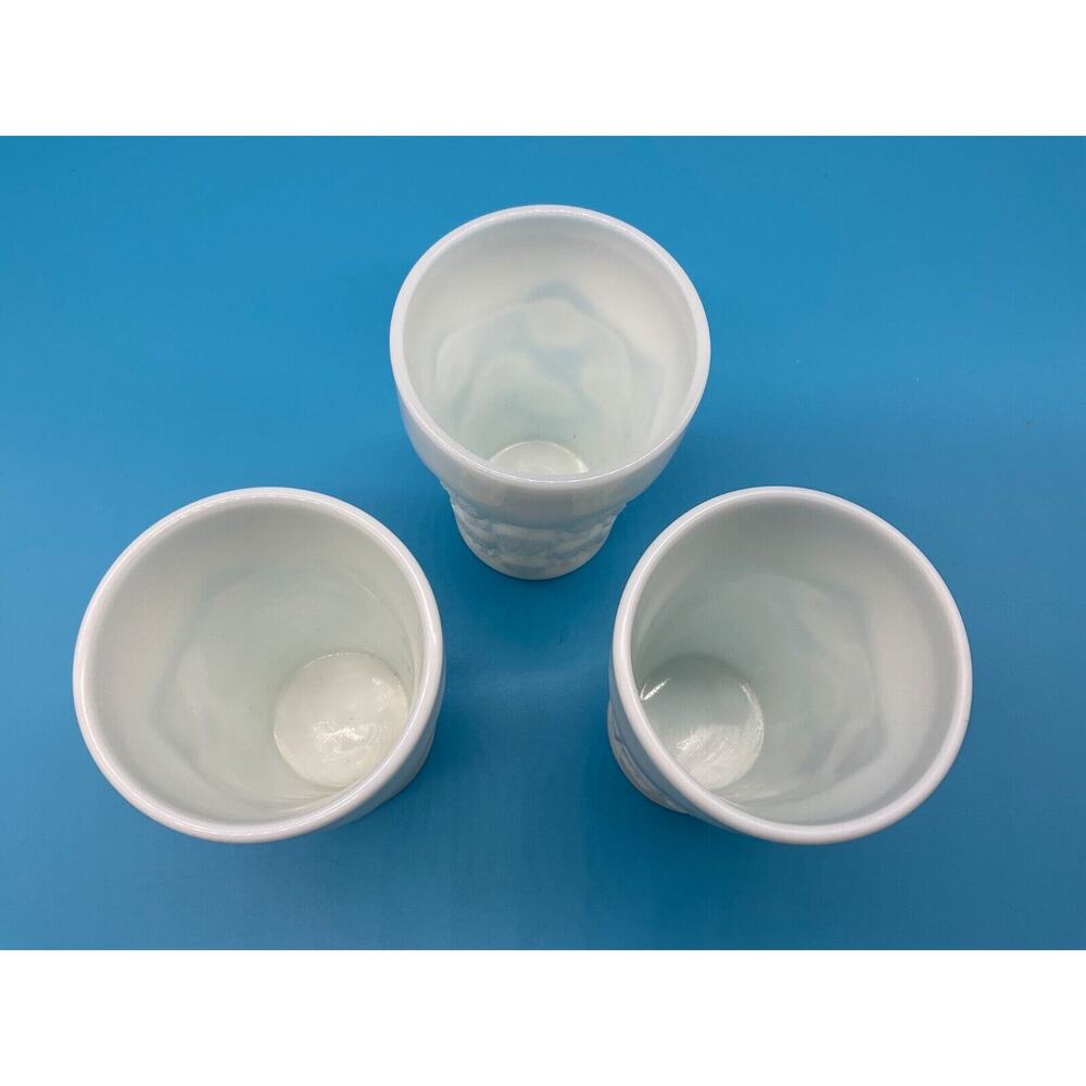 Set of‎ 3 White Milk Glass Tumblers, Cubist Pattern, 5" Tall, Vintage Drinkware - Picture 2 of 6